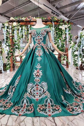 New Arrival Prom Dresses Short Sleeves Green Ball Gown With Applique Beads INK18