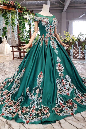 New Arrival Prom Dresses Short Sleeves Green Ball Gown With Applique Beads INK18