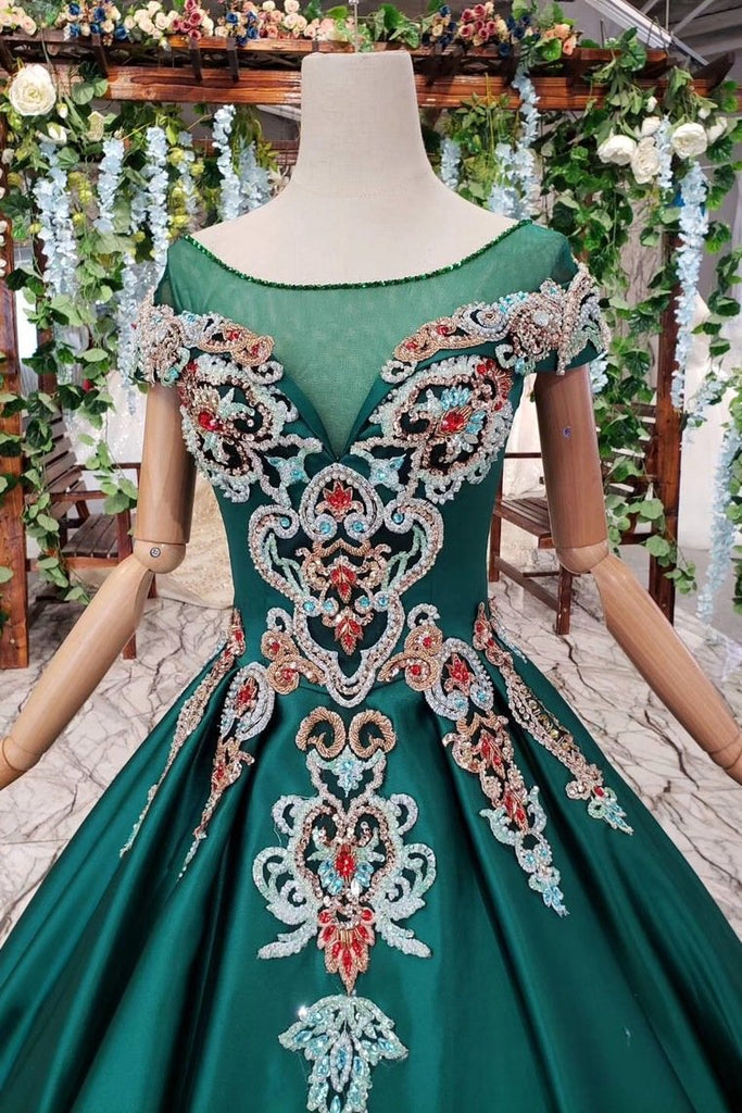 New Arrival Prom Dresses Short Sleeves Green Ball Gown With Applique Beads INK18