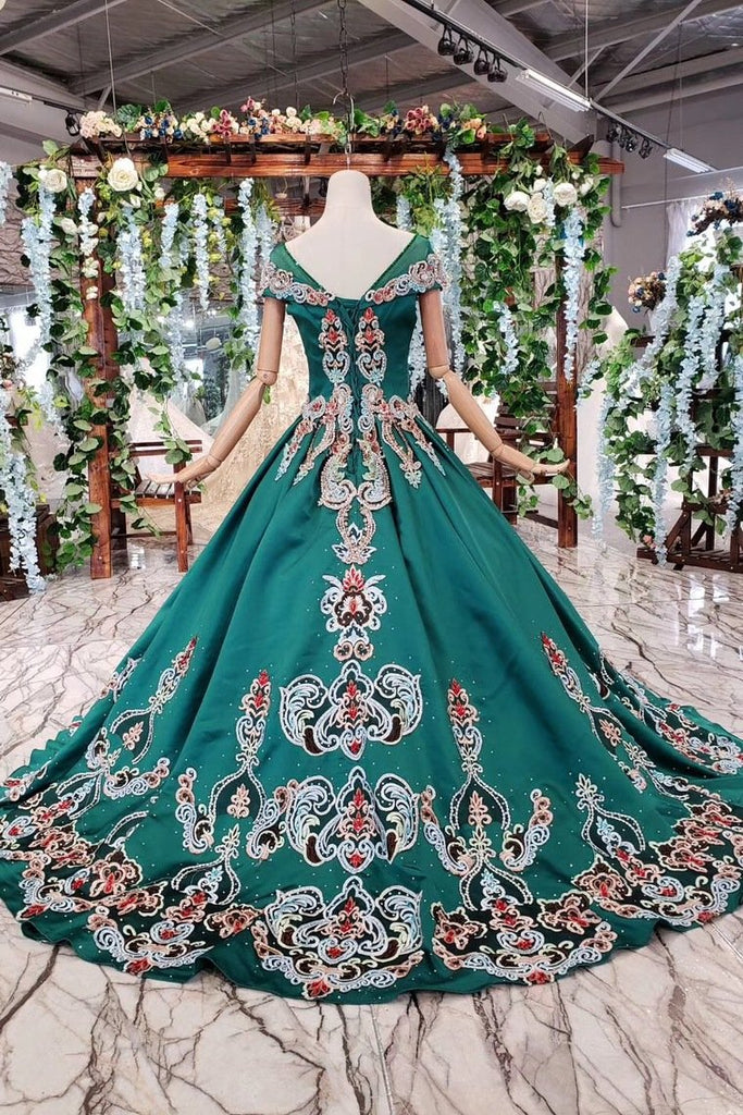New Arrival Prom Dresses Short Sleeves Green Ball Gown With Applique Beads INK18