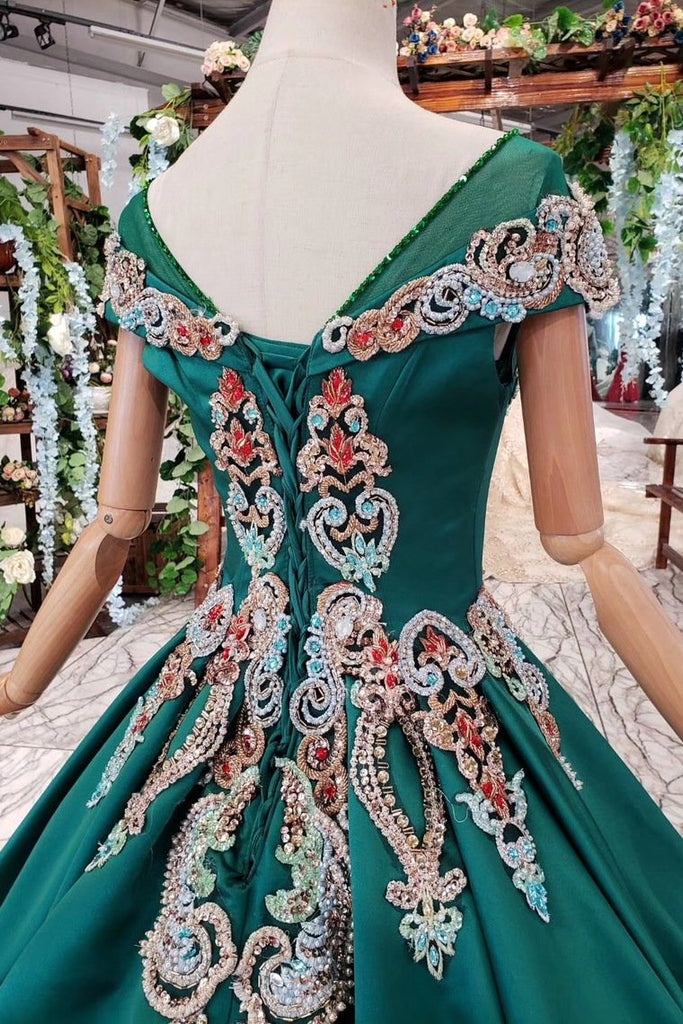 New Arrival Prom Dresses Short Sleeves Green Ball Gown With Applique Beads INK18