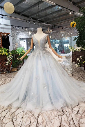 New Arrival Wedding Dresses V Neck Lace Up Back Beads Prom Dress Tulle INL17