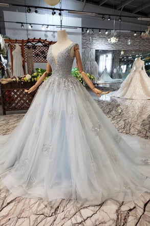 New Arrival Wedding Dresses V Neck Lace Up Back Beads Prom Dress Tulle INL17
