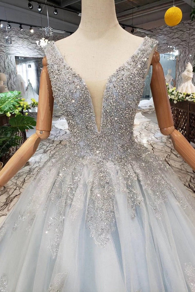 New Arrival Wedding Dresses V Neck Lace Up Back Beads Prom Dress Tulle INL17