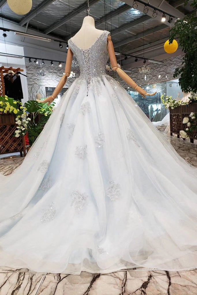 New Arrival Wedding Dresses V Neck Lace Up Back Beads Prom Dress Tulle INL17