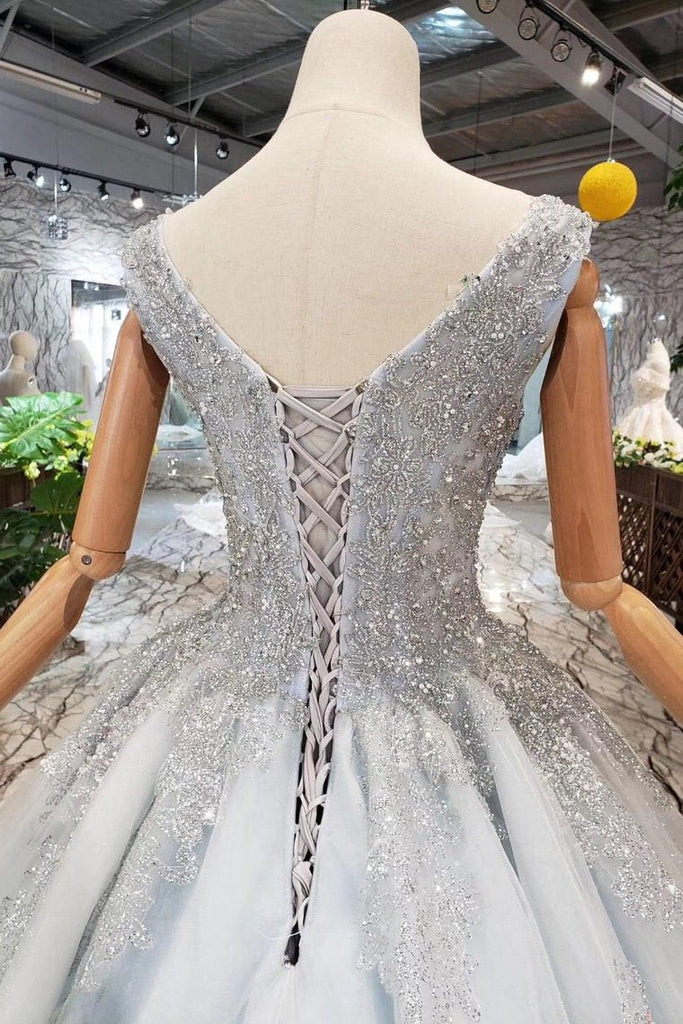 New Arrival Wedding Dresses V Neck Lace Up Back Beads Prom Dress Tulle INL17