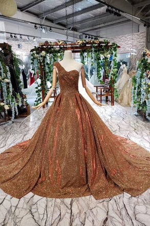Brown One Shoulder Lace Up Back Sequins Beads Prom Dresses INL19