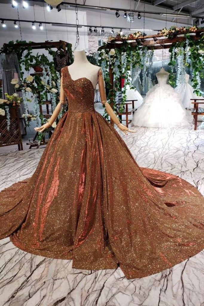 Brown One Shoulder Lace Up Back Sequins Beads Prom Dresses INL19