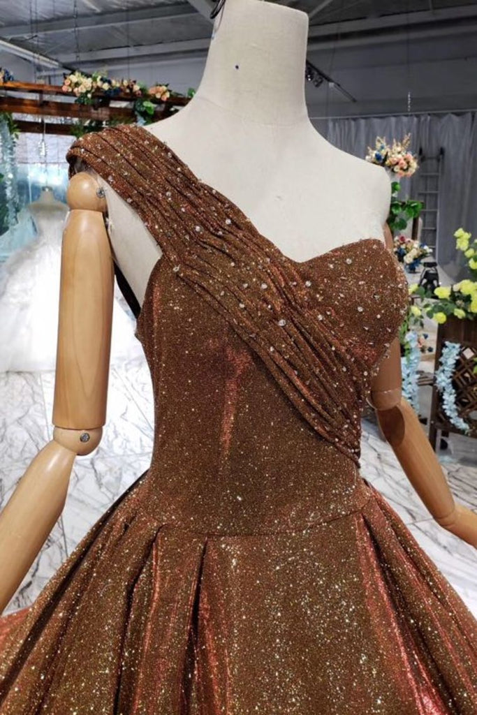 Brown One Shoulder Lace Up Back Sequins Beads Prom Dresses INL19
