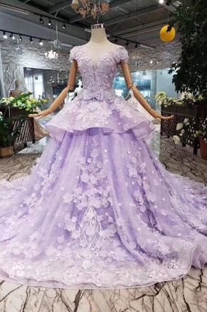 Lilac Short Sleeves Lace Up Back Appliques Tulle Princess Prom Dresses INL20
