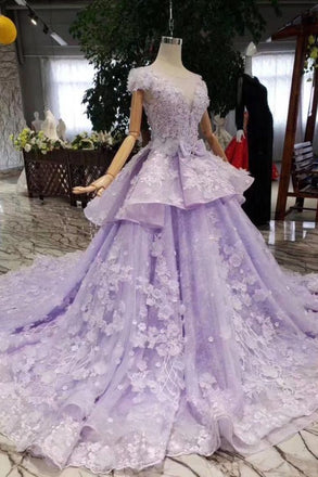 Lilac Short Sleeves Lace Up Back Appliques Tulle Princess Prom Dresses INL20