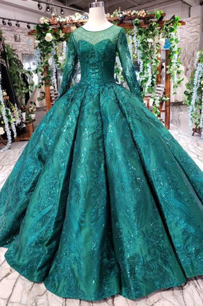 Scoop Long Sleeves Lace Up Back Green Prom Dresses INL21