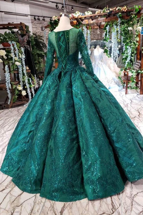 Scoop Long Sleeves Lace Up Back Green Prom Dresses INL21