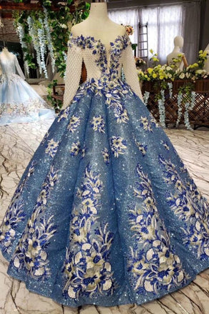 Scoop Long Sleeves Lace Up Back Blue Appliques Prom Dresses INL23