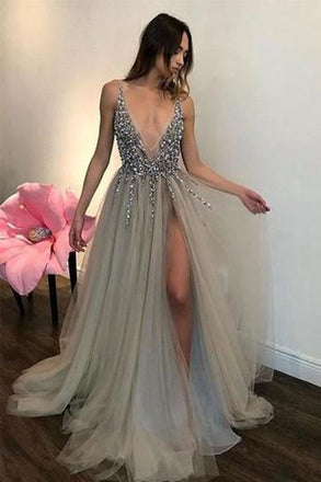 Long Backless Grey Sexy Prom Dresses with Slit Cheap Beaded Evening Gowns INH62