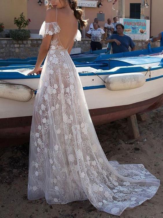 A Line Lace Straps Long Prom Dress, Elegant Sexy Evening Dresses INI66