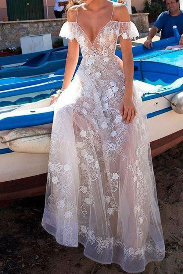 A Line Lace Straps Long Prom Dress, Elegant Sexy Evening Dresses INI66