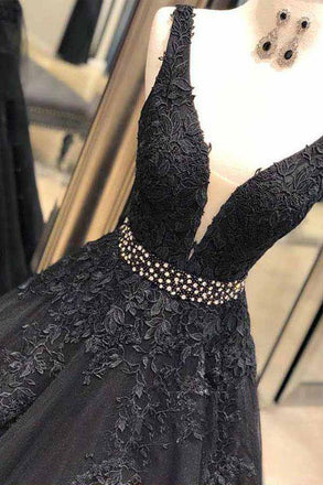 A Line Black Prom Dresses With Appliques, Formal Evening Dress INJ58