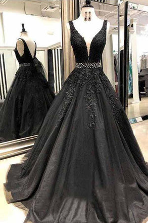 A Line Black Prom Dresses With Appliques, Formal Evening Dress INJ58