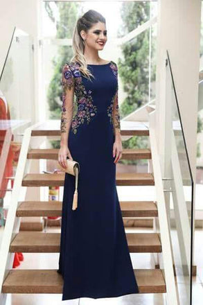 Sheath Long Sleeves Navy Blue Prom Dresses With Floral Embroidery INJ65