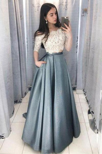 Two Piece Off the Shoulder Half Sleeves Prom Dress With Lace Top INJ64