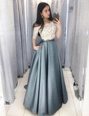 Two Piece Off the Shoulder Half Sleeves Prom Dress With Lace Top INJ64