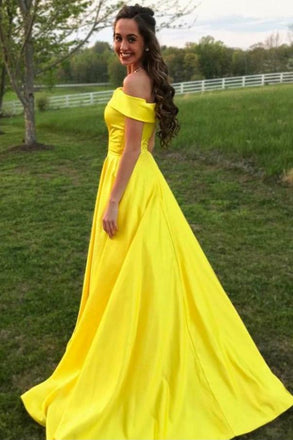 Yellow Off The Shoulder A Line Prom Dress,Long Evening Gown With Pockets INJ67