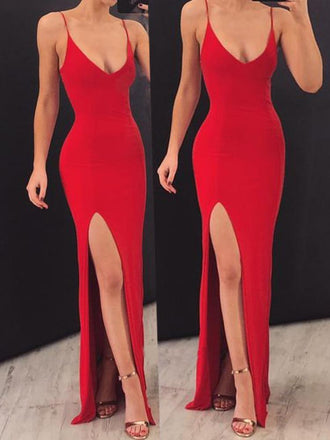 Sexy Mermaid Spaghetti Straps Red Side Slit Long Prom Dresses INK5