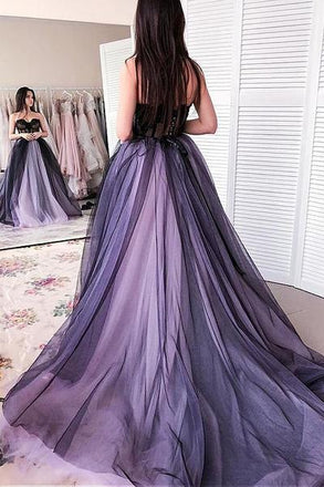 New Arrival Sweetheart Long Tulle Sleeveless Lilac Black Prom Dress with Appliques INH42