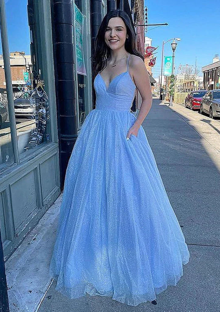 A-Line V Neck Long Floor-Length Sparkly Tulle Prom Dress With Pockets IN2006