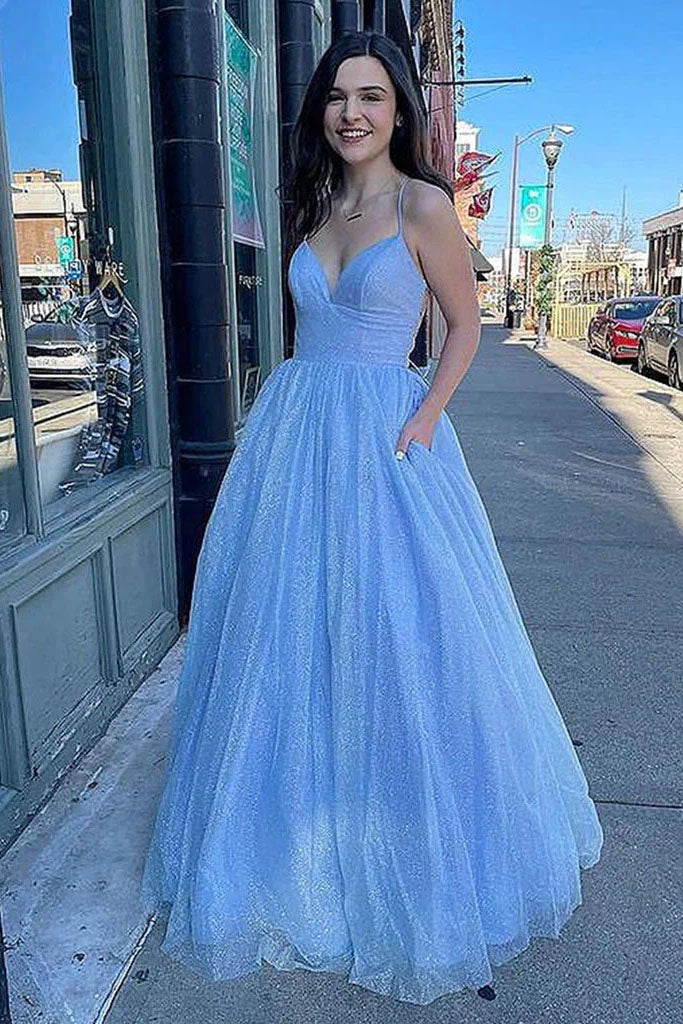 A-Line V Neck Long Floor-Length Sparkly Tulle Prom Dress With Pockets IN2006