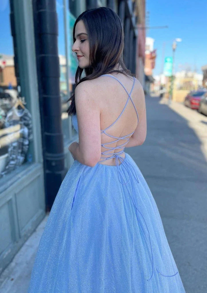 A-Line V Neck Long Floor-Length Sparkly Tulle Prom Dress With Pockets IN2006