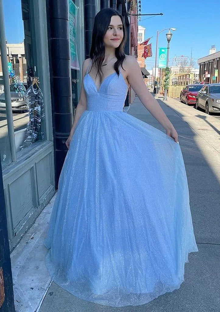 A-Line V Neck Long Floor-Length Sparkly Tulle Prom Dress With Pockets IN2006