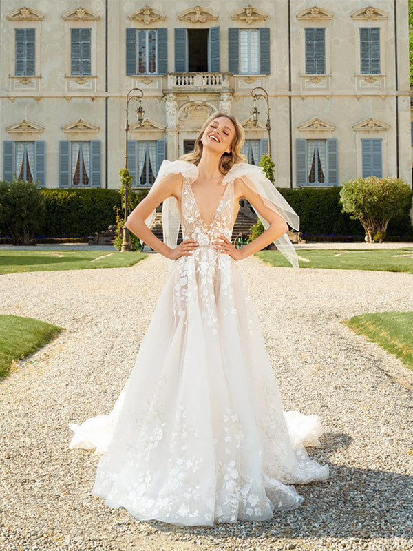 Deep V-neck Popular Bridal Gowns, Lace Elegant Beach Wedding Dresses IN1983