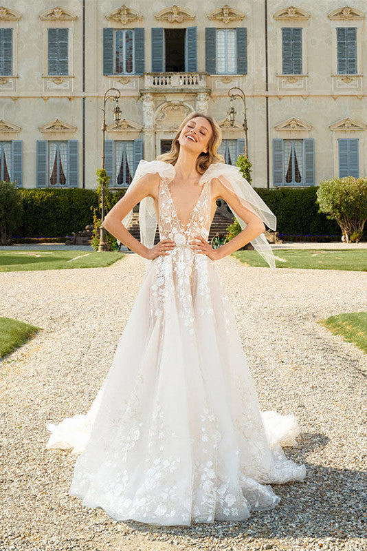 Deep V-neck Popular Bridal Gowns, Lace Elegant Beach Wedding Dresses IN1983