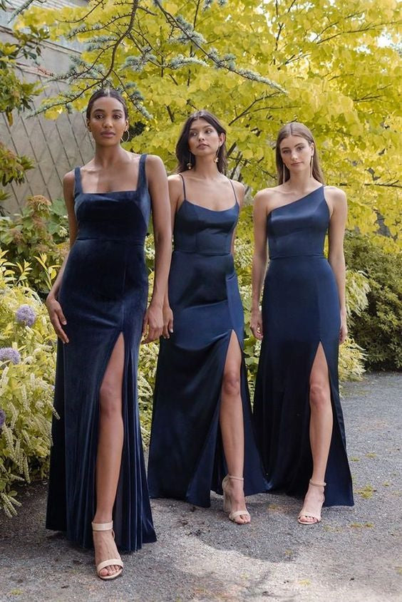 Simple Sheath Navy Blue Long Bridesmaid Dresses With Slit Bridesmaid Gowns IN1841