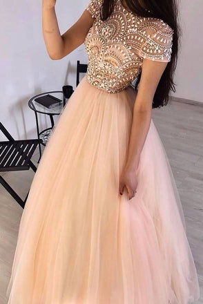 Pink Tulle Beads Long Prom Dress A Line Formal Evening Dress INP61