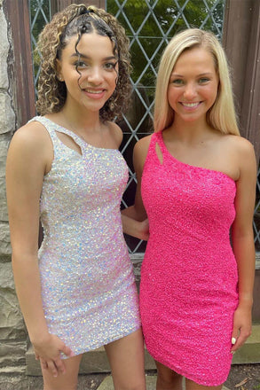 Hot Pink Sheath One Shoulder Sequins Mini Prom Dresses Short Homecoming Dress INHD35