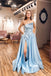 Strapless Satin Light Blue Slit A Line Simple Prom Dresses With Pocktets INP86
