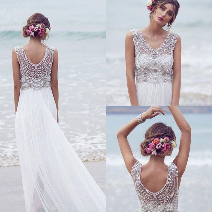 Fashion Chiffon Beading Long V-neck A Line Beach/Coast Wedding Dress,Pretty Bridal Gowns IN265