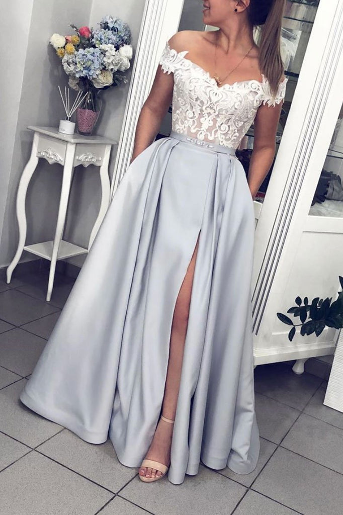 Gray Lace Appliques Off Shoulder Satin Long Prom Dress With Pockets Evening Dress INQ42