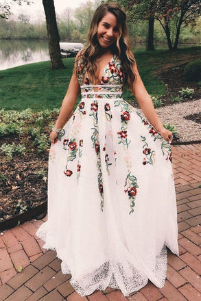 A Line V Neck Flower Appliques Prom Dresses, Long Evening Dresses ING76