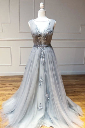 Gray A Line Round Neck Appliques Tulle Long Prom Dress Evening Dress INQ52