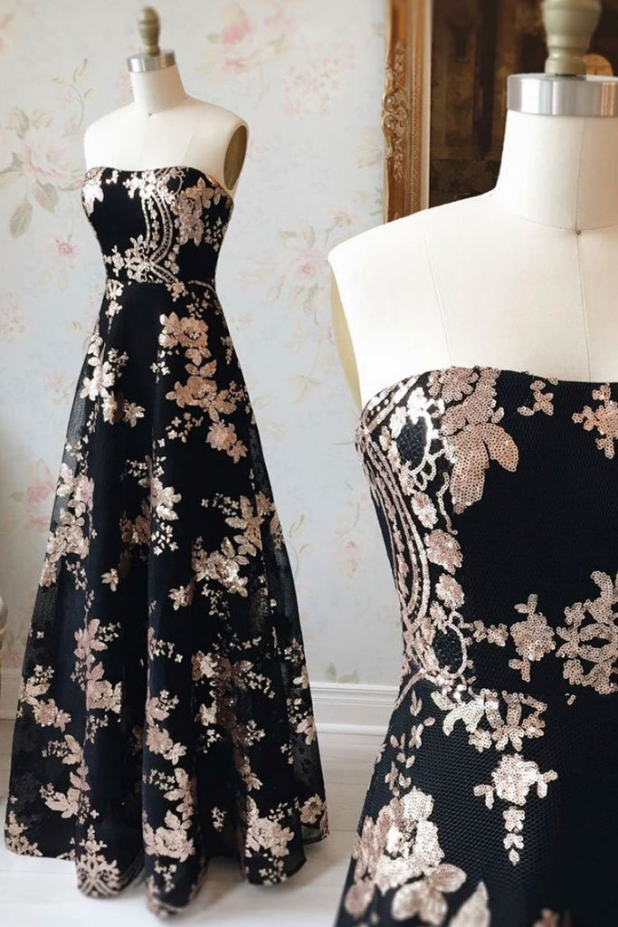 A Line Strapless Black Sequin Long Prom Dress Charming Evening Dress INQ48