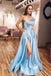 Strapless Satin Light Blue Slit A Line Simple Prom Dresses With Pocktets INP86