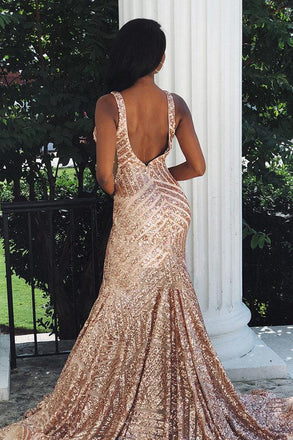 Charming Mermaid Backless Sequins Rose Gold Long Prom Dress INK75