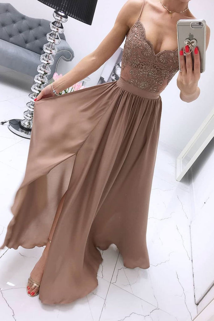 Chiffon A Line Spaghetti Straps Appliques Long Prom Dresses With Slit INS68
