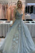 Gray V Neck Tulle Lace Appliques Long Prom Dress Formal Evening Dress INQ46