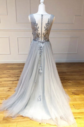 Gray A Line Round Neck Appliques Tulle Long Prom Dress Evening Dress INQ52