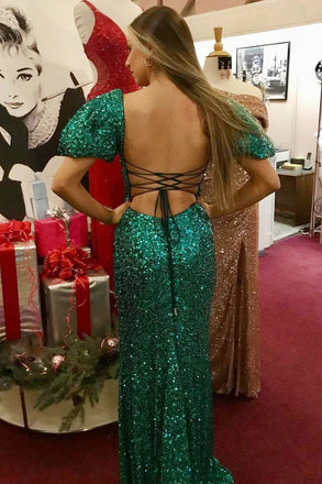 Emerald Green Sequin Square Neck Backless Mermaid Long Prom Dress IN2014